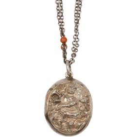 Sterling Silver Chain with Coral Beads 58 in. x 1/8 in., India Goddess Locket 1 1/2 in. x 1 in.