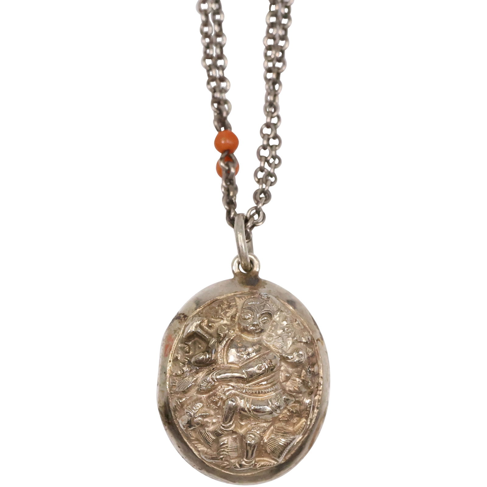 Sterling Silver Chain with Coral Beads 58 in. x 1/8 in., India Goddess Locket 1 1/2 in. x 1 in.: Sterling Silver Chain with Coral Beads 58 in. x 1/8 in., India Goddess Locket 1 1/2 in. x 1 in.