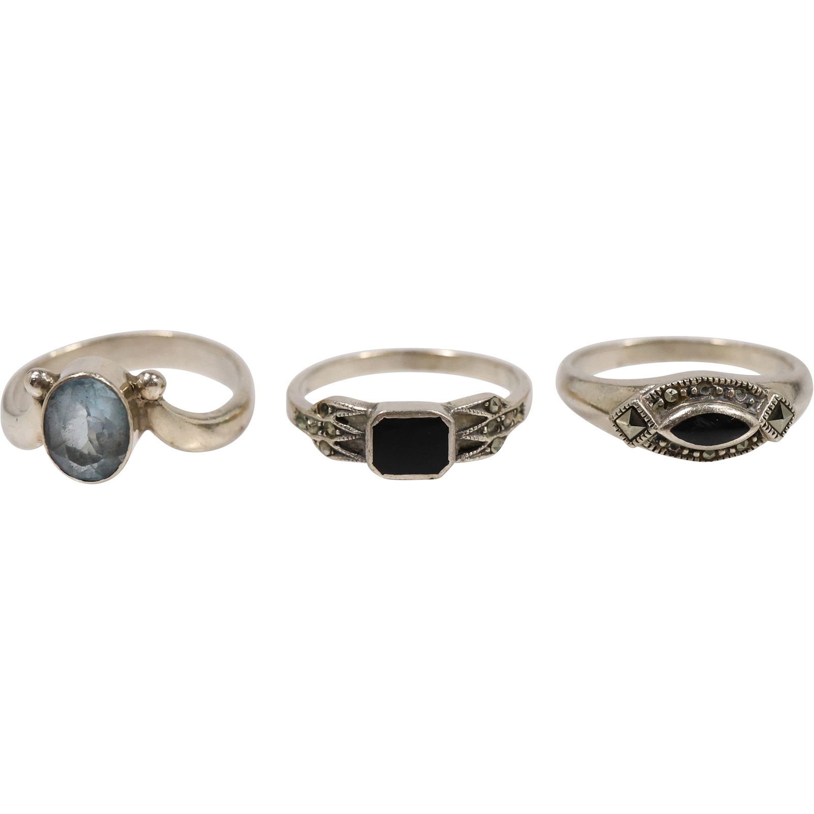 3 Assorted .925 Sterling Silver Rings: .925 Mystic Topaz Size 9; .925 Black Onyx and Marcasites Size: 3 Assorted .925 Sterling Silver Rings: .925 Mystic Topaz Size 9; .925 Black Onyx and Marcasites Size 8.75, Black Onyx and Marcasites Size 9