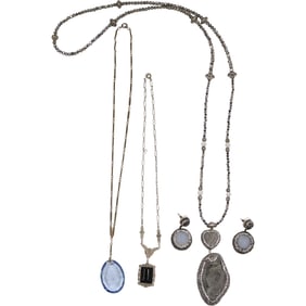 3 Assorted Sterling Silver Victorian Necklaces: Lavalier Necklace with Black Onyx and Marcasites