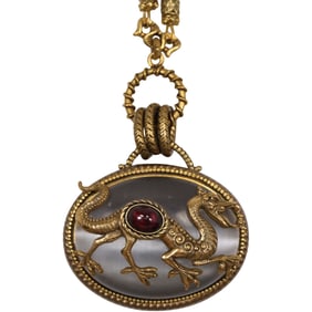 Vintage Red Glass Beads Necklace with Large Dragon Pendant, The Stone is a Grey Cat Eye