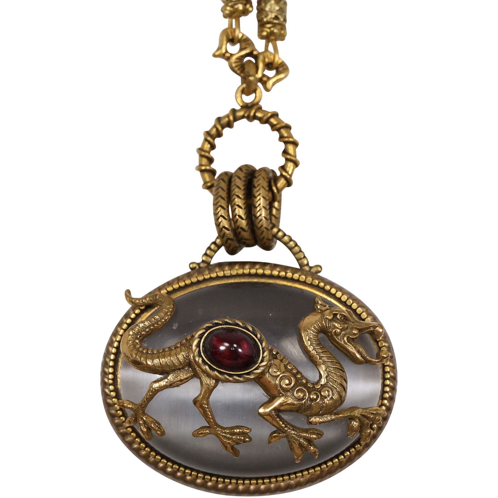 Vintage Red Glass Beads Necklace with Large Dragon Pendant, The Stone is a Grey Cat Eye (1 of 14)