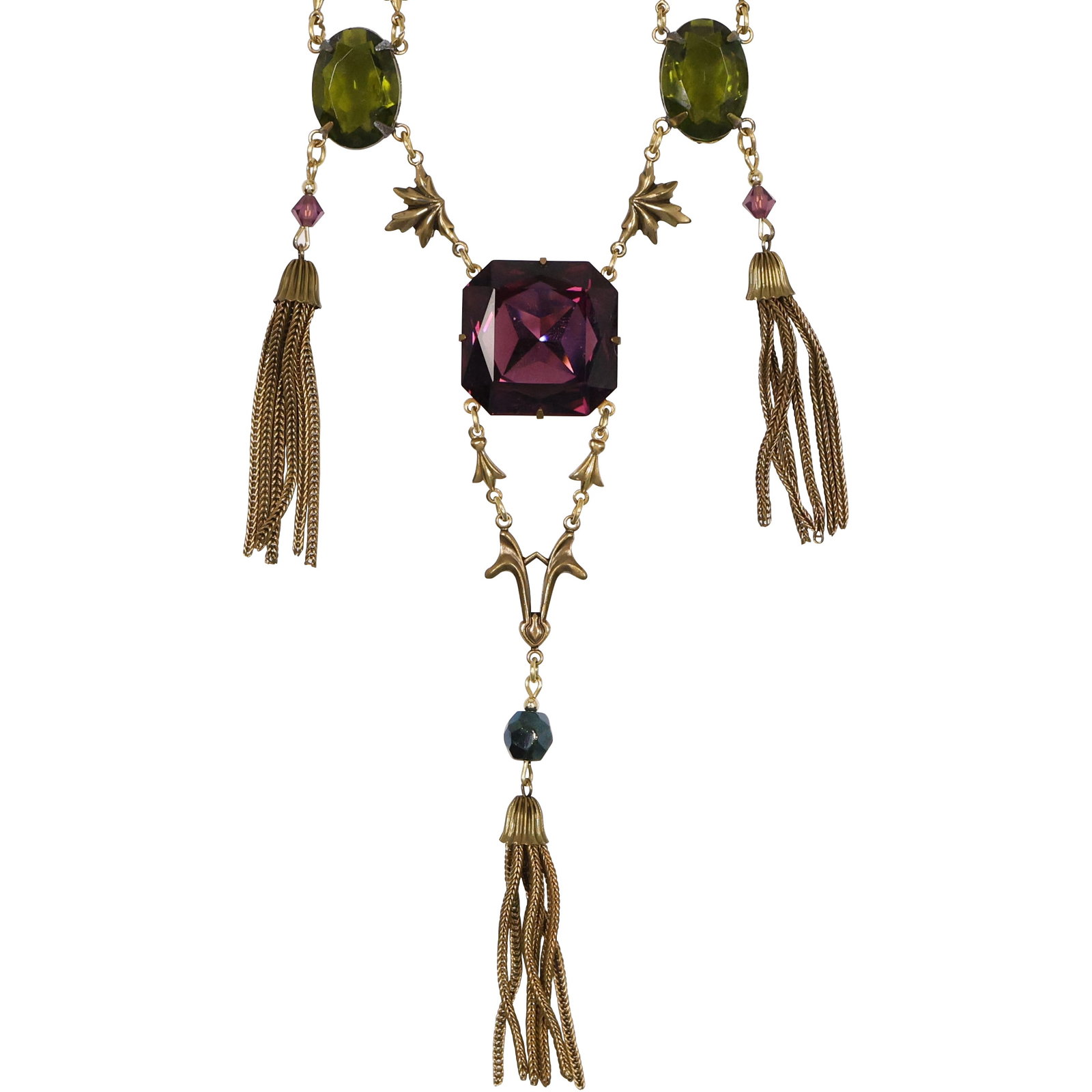 SADIE GREEN Victorian Costume Lavalier with Purple, Green and Red Rhinestones 24 in. x 5 in.: SADIE GREEN Victorian Costume Lavalier with Purple, Green and Red Rhinestones 24 in. x 5 in.