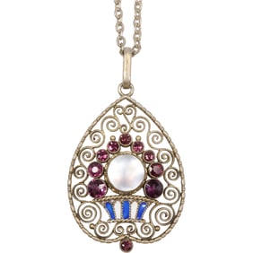 .925 Sterling Chain 24 in ; .925 Sterling Early Victorian Amethyst and Enameled Tear Shape Pendant