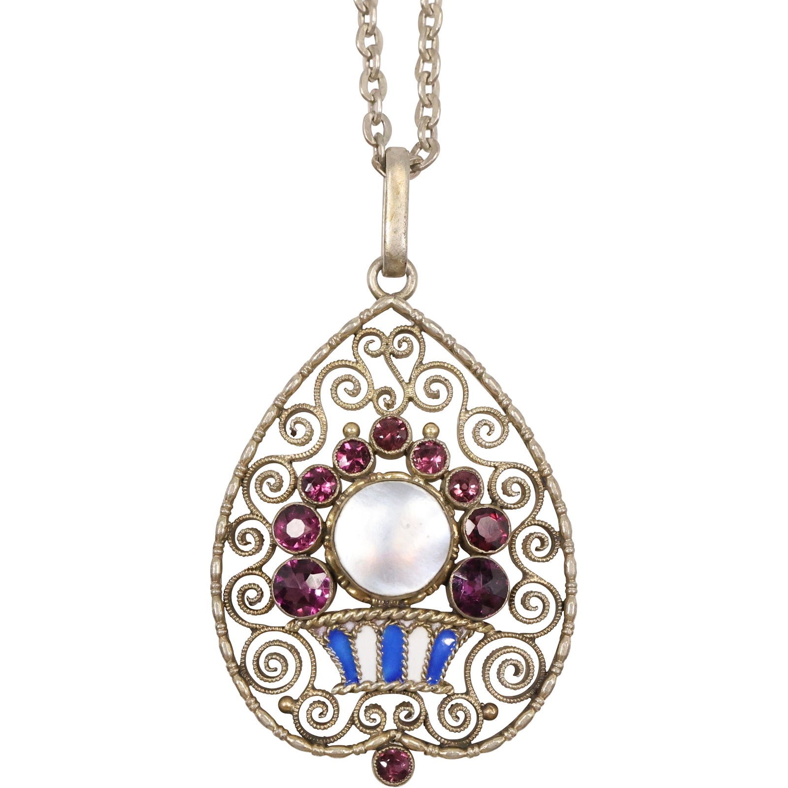 .925 Sterling Chain 24 in ; .925 Sterling Early Victorian Amethyst and Enameled Tear Shape Pendant: .925 Sterling Chain 24 in ; .925 Sterling Early Victorian Amethyst and Enameled Tear Shape Pendant 2 in. x 1 in.