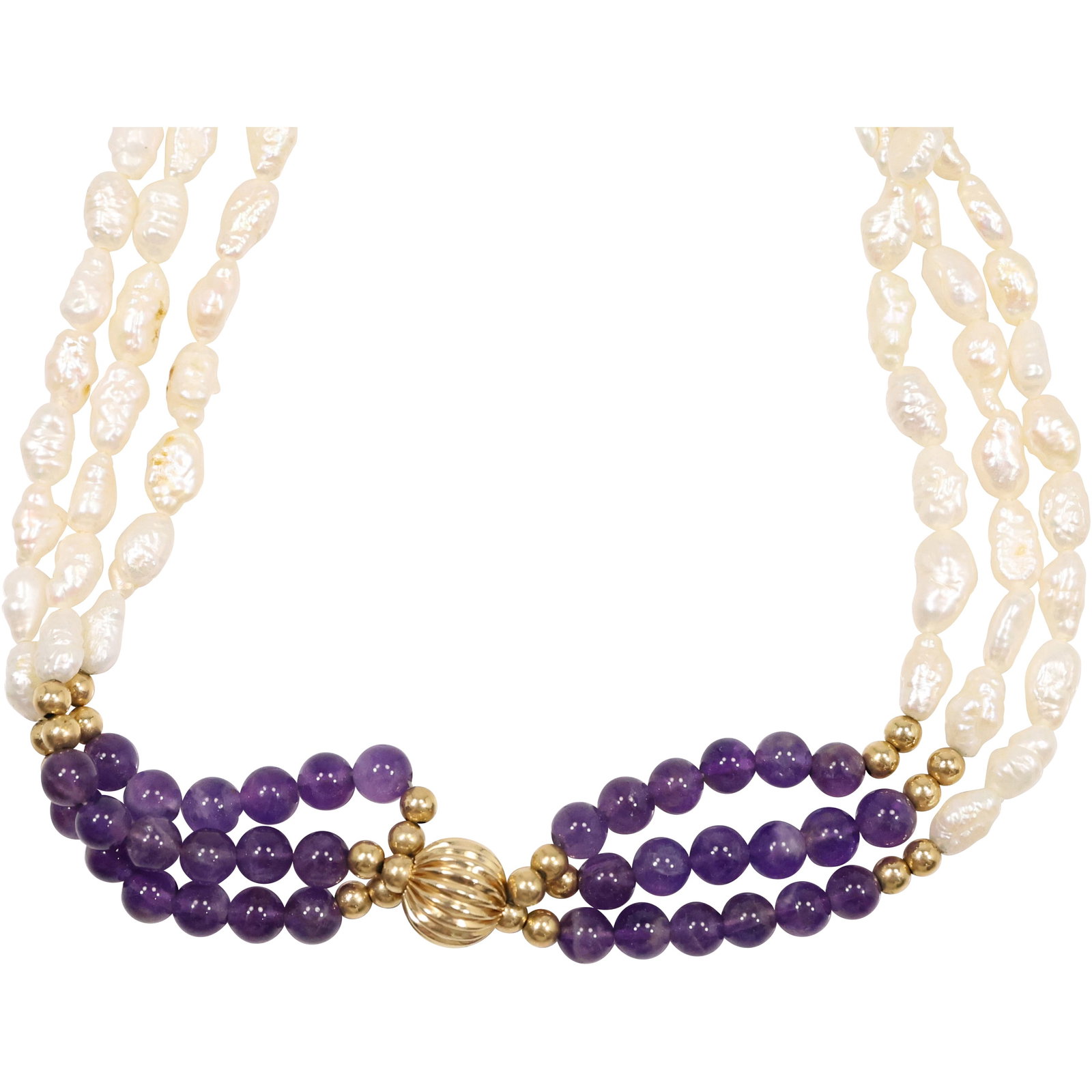 3-Strands 14K Gold Beads, Amethyst Beads with Freshwater Cultured Seed Pearls 30 in. x 1/2 in.: 3-Strands 14K Gold Beads, Amethyst Beads with Freshwater Cultured Seed Pearls 30 in. x 1/2 in.