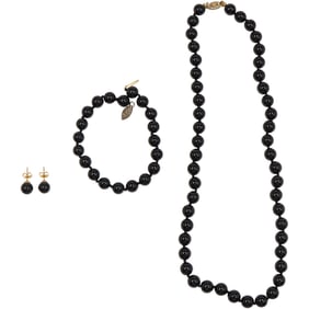 4 Pc. Black Glass Beads: Necklace Sterling Catch 18 in.x 1/4 in.; Bracelet Sterling Catch 8 in. x