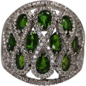 .925 Sterling White Topaz with 10 Emeralds Stunning Cocktail Ring Size 10 , 7/8 in. x 1 in.
