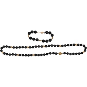 14K Gold Clasp and Spaver Beads with Black Glass Beads Necklace 22 in. x 3/8 in.; & Bracelet
