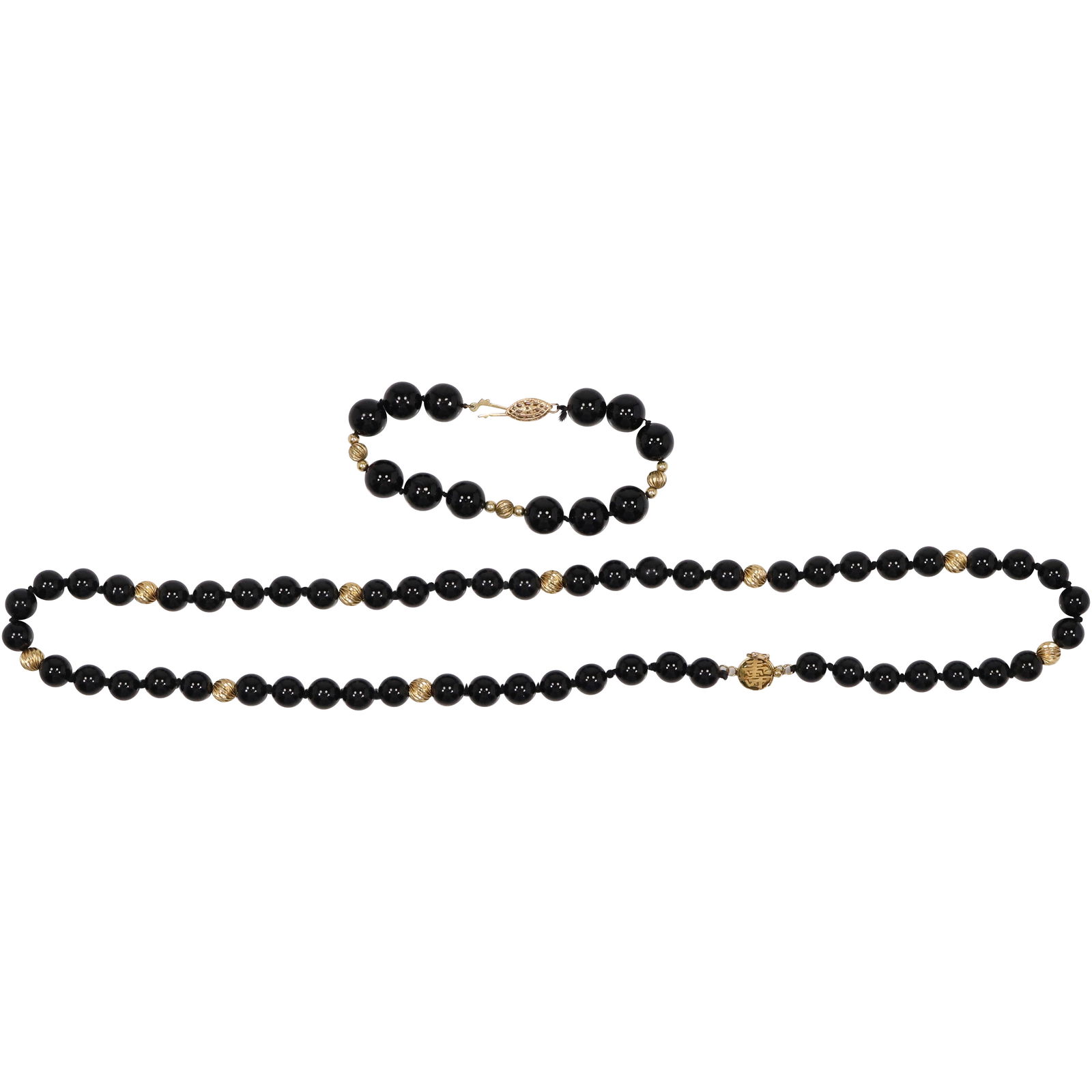 14K Gold Clasp and Spaver Beads with Black Glass Beads Necklace 22 in. x 3/8 in.; & Bracelet: 14K Gold Clasp and Spaver Beads with Black Glass Beads Necklace 22 in. x 3/8 in.; & Bracelet 7 1/2 in. x 3/8 in.