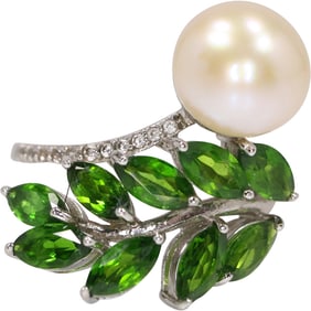 .925 Sterling Ring Size 9 with 9 Emerals and One Large Freshwater Cultured Pearl, 7/8 in. dia.