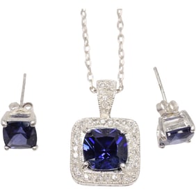 .925 Sterling Silver 18 in. Chain Blue Tourmaline with CZ Pendant 1 in. x 5/8 in.; .925 Sterling