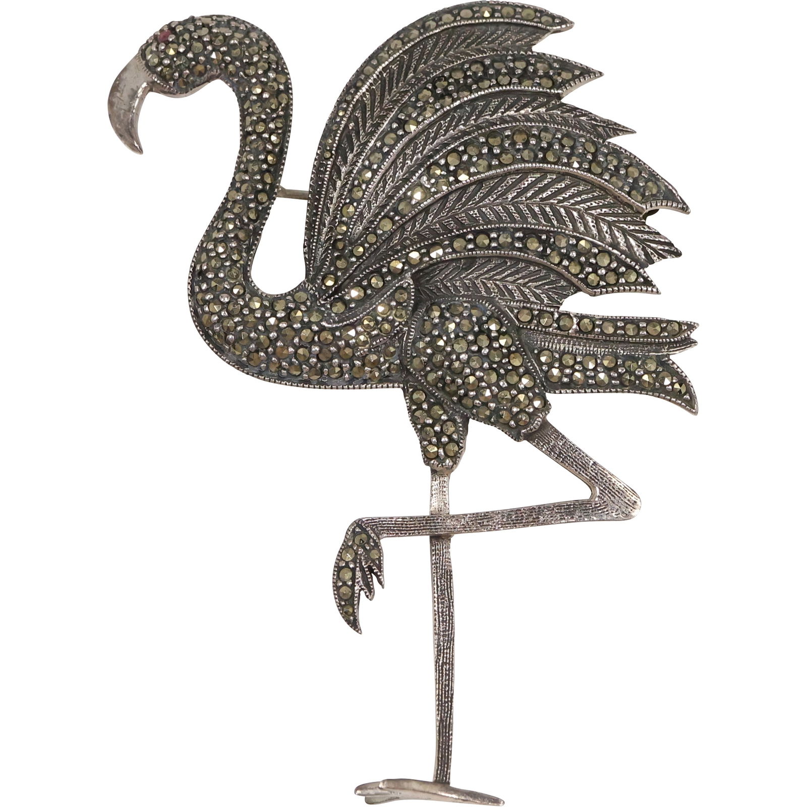 Sterling Silver with Marcasites Flamingo Large Pin , 24.4 Grams Total Weight (1 of 11)