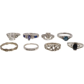 20 Grams Total Weight 8 Assorted Sterling Silver Rings: Spinel, CZ, Blue Sapphire, Amethyst,