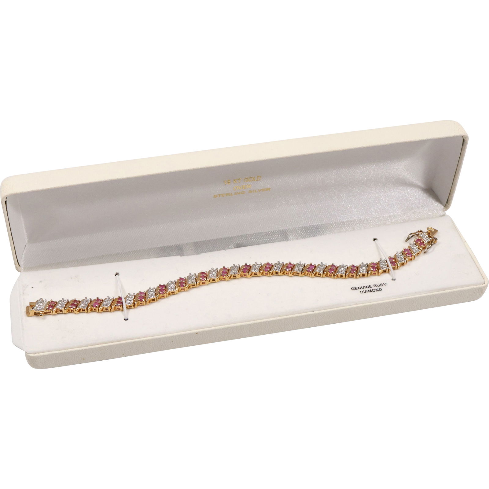 18K Over .925 Sterling Ruby Tennis Bracelet , New in Box, 8 in. x 1/4 in.: 18K Over .925 Sterling Ruby Tennis Bracelet , New in Box, 8 in. x 1/4 in.