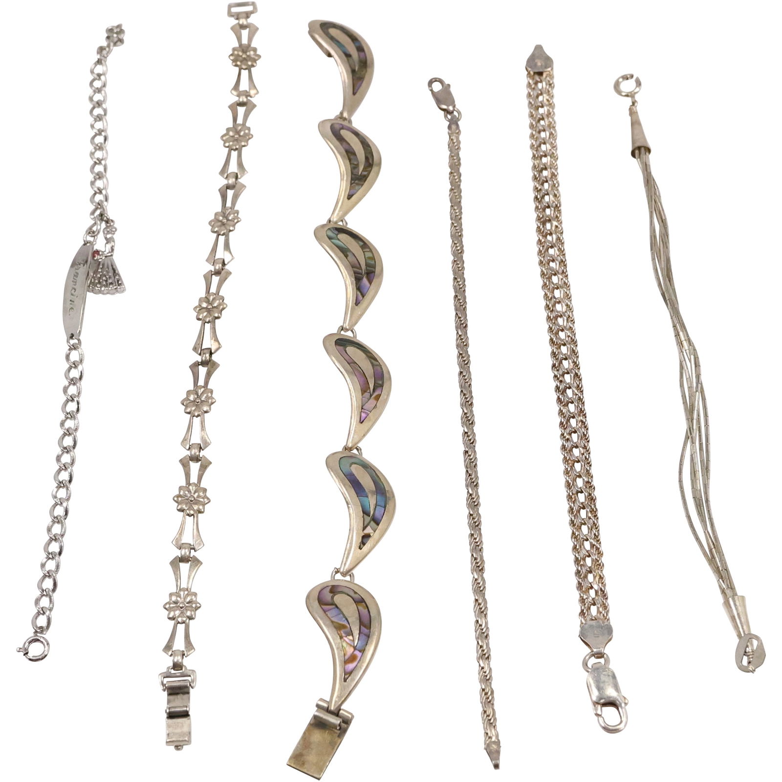 6 Assorted Sterling Silver Bracelets 49 Grams Toal Weight: Sterling Taxco .925 with Abalone Inlaid (1 of 8)