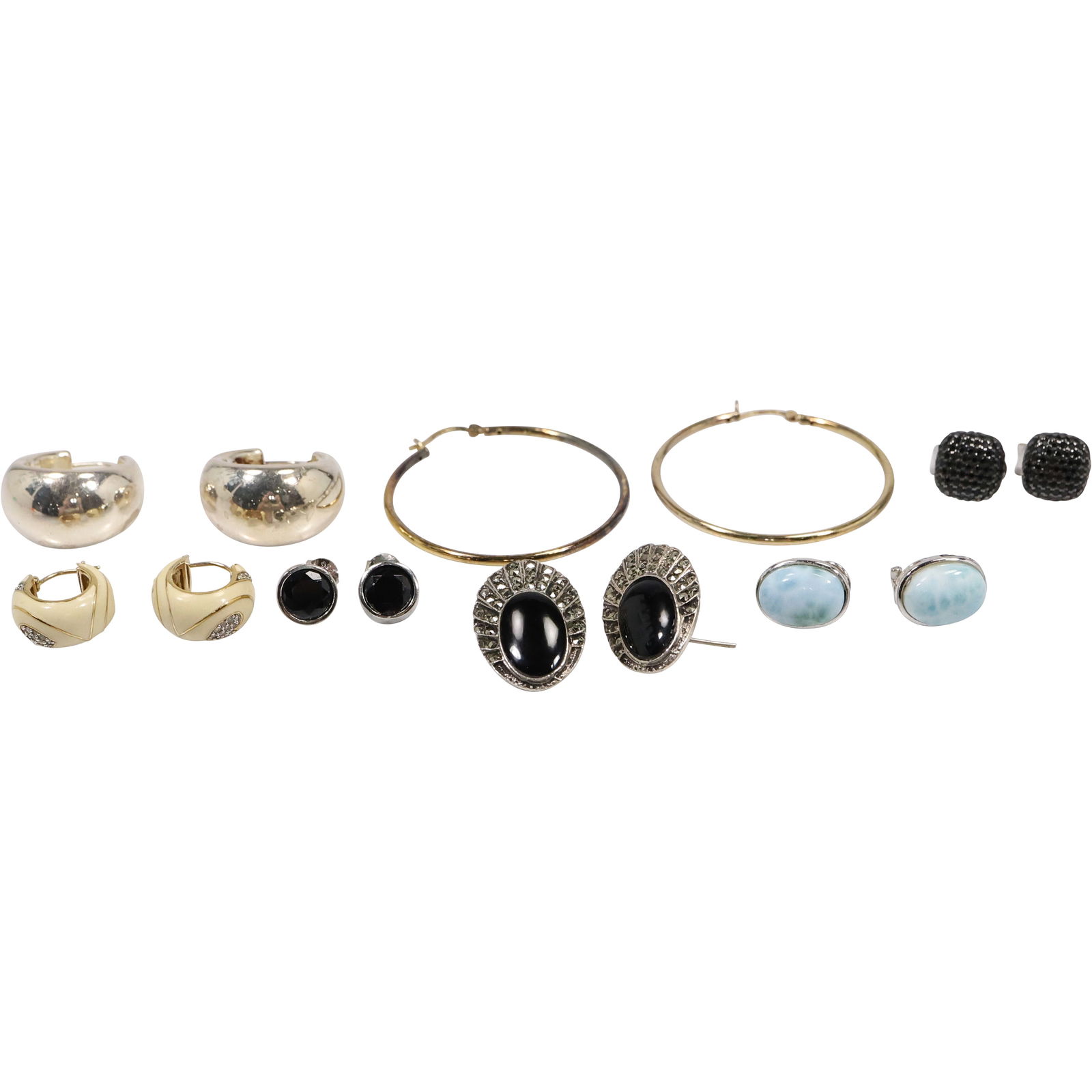 7 Pairs .925 Sterling Silver Earrings: .925 Italy Wide Hoops 1 1/8 in. x 5/8 in.; .925 Black Onyx (1 of 12)