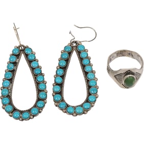Mexico .925 Sterling Silver Turquoise Long Hoop Earrings 2 1/4 in. x 1 in.; Sterling and Turquoise