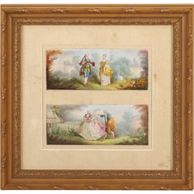 Framed Double Watercolor Paintings, 19th C French Classical Courting Scenes