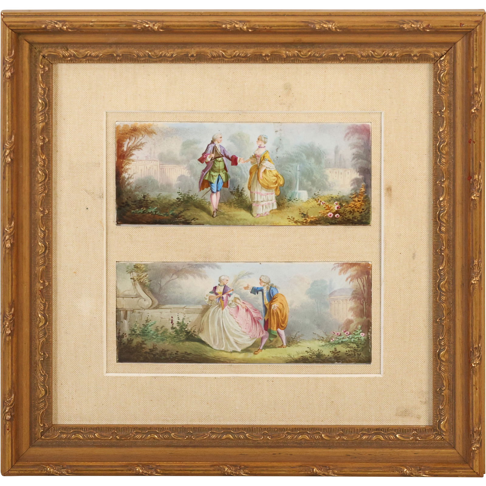 Framed Double Watercolor Paintings, 19th C French Classical Courting Scenes (1 of 15)