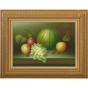 Artist Signed Fine 20th C. Oil Painting Still Life with Melon, Grapes, Apples, Cherries