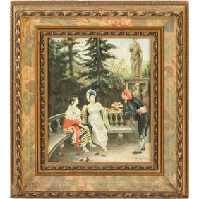 Signed F Martini, Oil on Board Paiting Two Woman and Gentleman Courting Scene, Framed