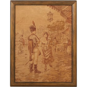 Antique Framed tapestry scene with a man in what appears to be a military or formal uniform