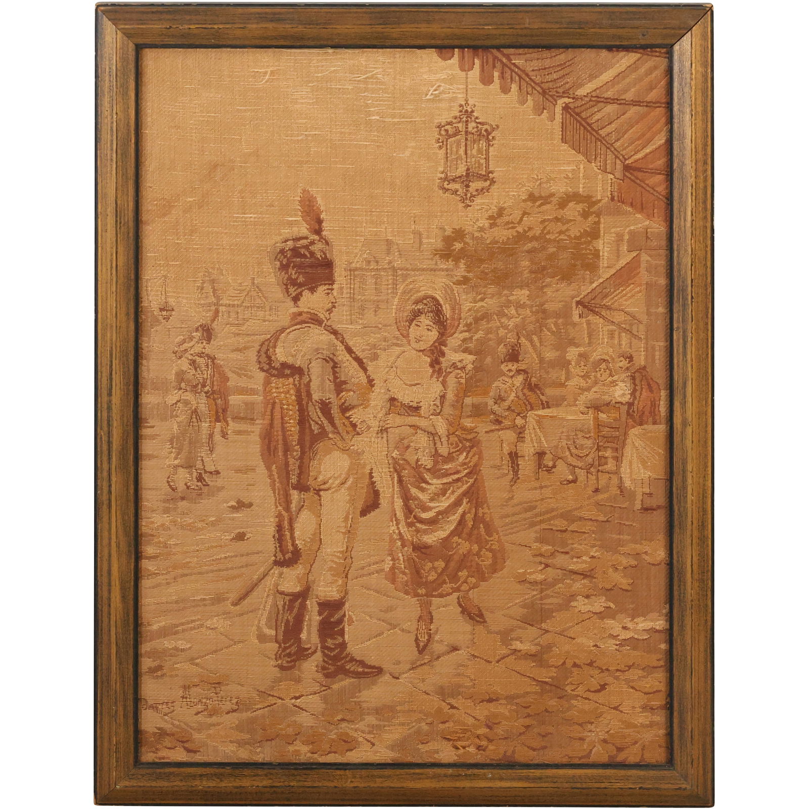 Antique Framed tapestry scene with a man in what appears to be a military or formal uniform (1 of 14)