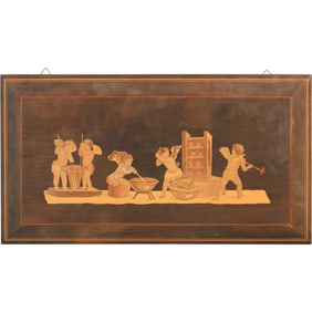 Italian Wood Inlaid Panel "Cherubs of Pompeii Metallurgici Craftsmen Jewelers Putti".