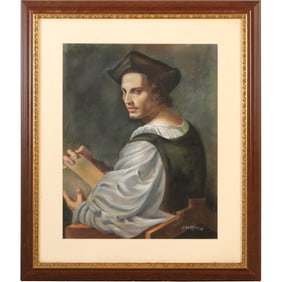 Signed De Raphael, 20th C. Watercolor Painting Portrait of a Renaissance Scholar