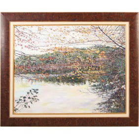 Signed Margareta, Oil on Cavas Painting Autumn River Landscape, Framed