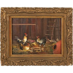 Signed H Ranger, Fine 20th C.Oil on Wood Panel Painting, Hens, Chickens in a Barn Stable
