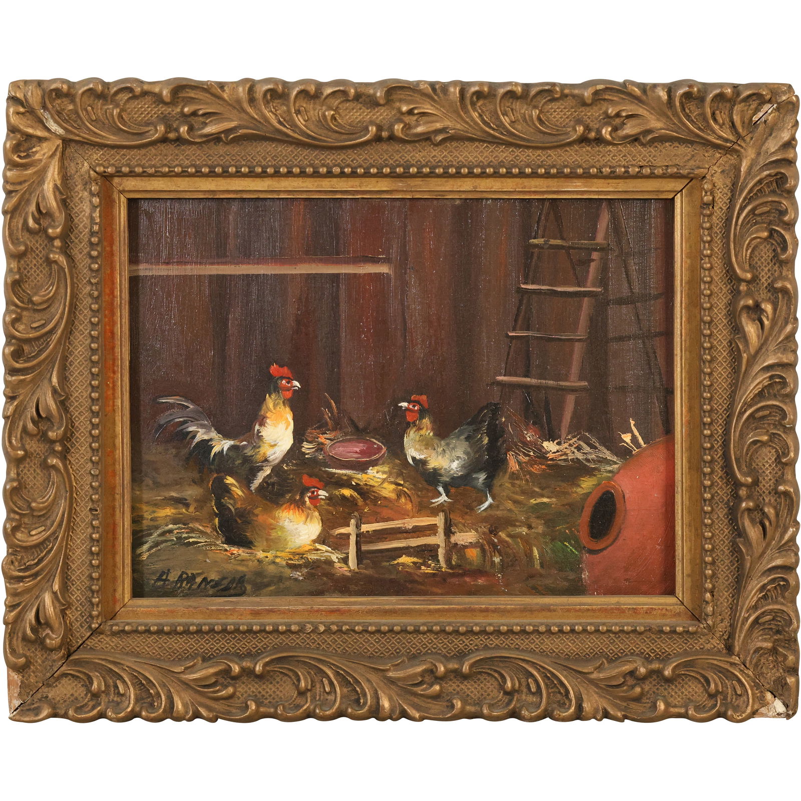 Signed H Ranger, Fine 20th C.Oil on Wood Panel Painting, Hens, Chickens in a Barn Stable (1 of 15)