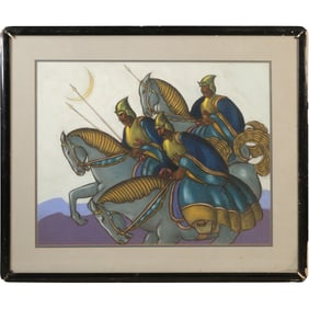 Knights on Horseback, Vintage Watercolor Painting, Framed