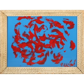 Thomas Pulgini, American, Pop-Art Abstract Oil on Board Painting Absttract Red on Blue