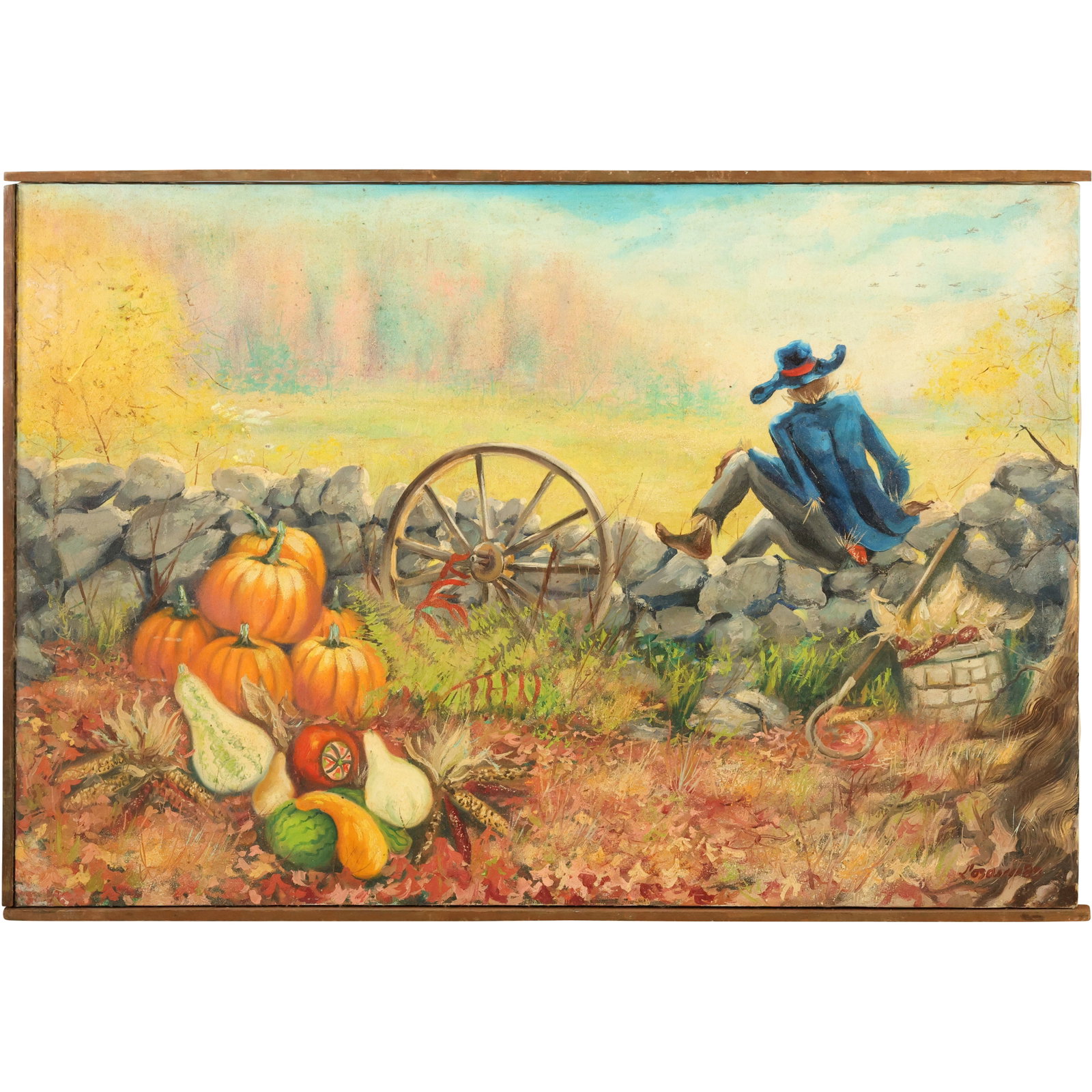 Artist Signed Oil on Canvas Painting autumn harvest scene featuring pumpkins, gourds, a person in bl: autumn harvest scene featuring pumpkins, gourds, a person in blue attire and a hat sitting on a stone wall, a wagon wheel, and a wooded backgroun size: 25 x 36.5