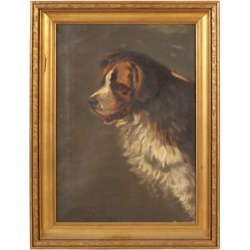 Vintage Oil Painting of a Saint Bernard Dog Portrait, Framed