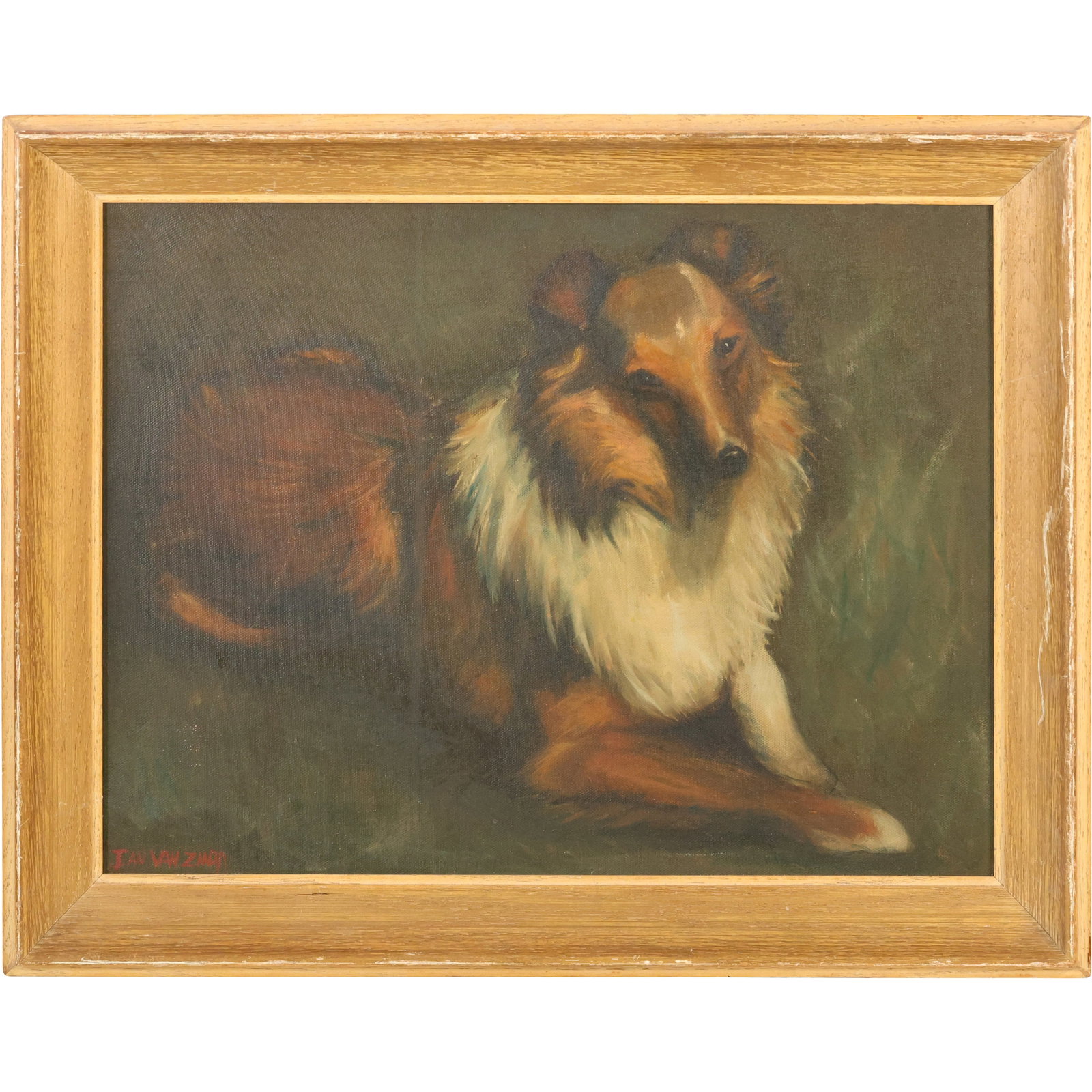 Vintage Oil on Canvas Painting of a Rough Collie, a breed of dog known for its long coat, Lassie: Vintage Oil on Canvas Painting of a Rough Collie, a breed of dog known for its long coat and distinctive appearance, famously associated with the fictional character Lassie. size: 14 x 18 outside fram
