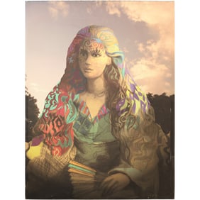 Giclee on Canvas Artwork woman with long, flowing, colorful hair and a patterned dress, holding wha