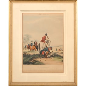 Framed print is titled "Disgorging" and is Plate IV from a series of lithographs on hawking.