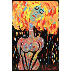 Thomas Pulgini, American, Pop-Art Abstract Oil on Board Painting RAINBOW COLORS WOMAN