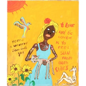 Style of Jean-Michel Basquiat, Oil on Canvas Painting "HOME IS WHEREVE I AM WITH YOU"