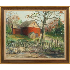 Constance Lefley Poulterer (1920 - 2000) Pennsylvania, Rural Barn in Landscape Oil on Canvas