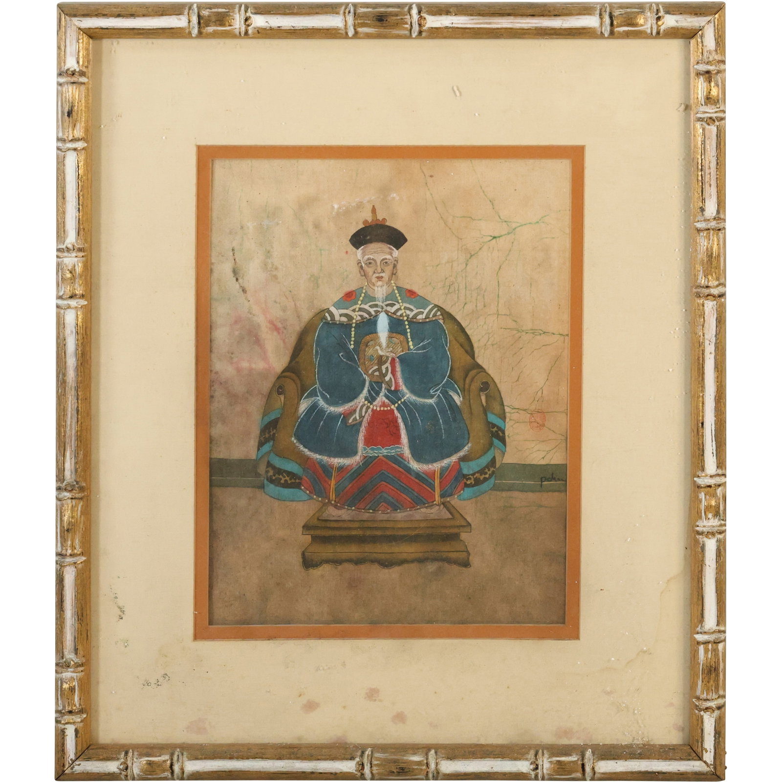 Mixed Media Artwork Chinese ancestor portrait, likely from the Qing Dynasty (1644–1911),: Mixed Media Artwork Chinese ancestor portrait, likely from the Qing Dynasty (1644–1911), which was the last imperial dynasty of China. size: 10 x 13 outside frame 18.5 x 22