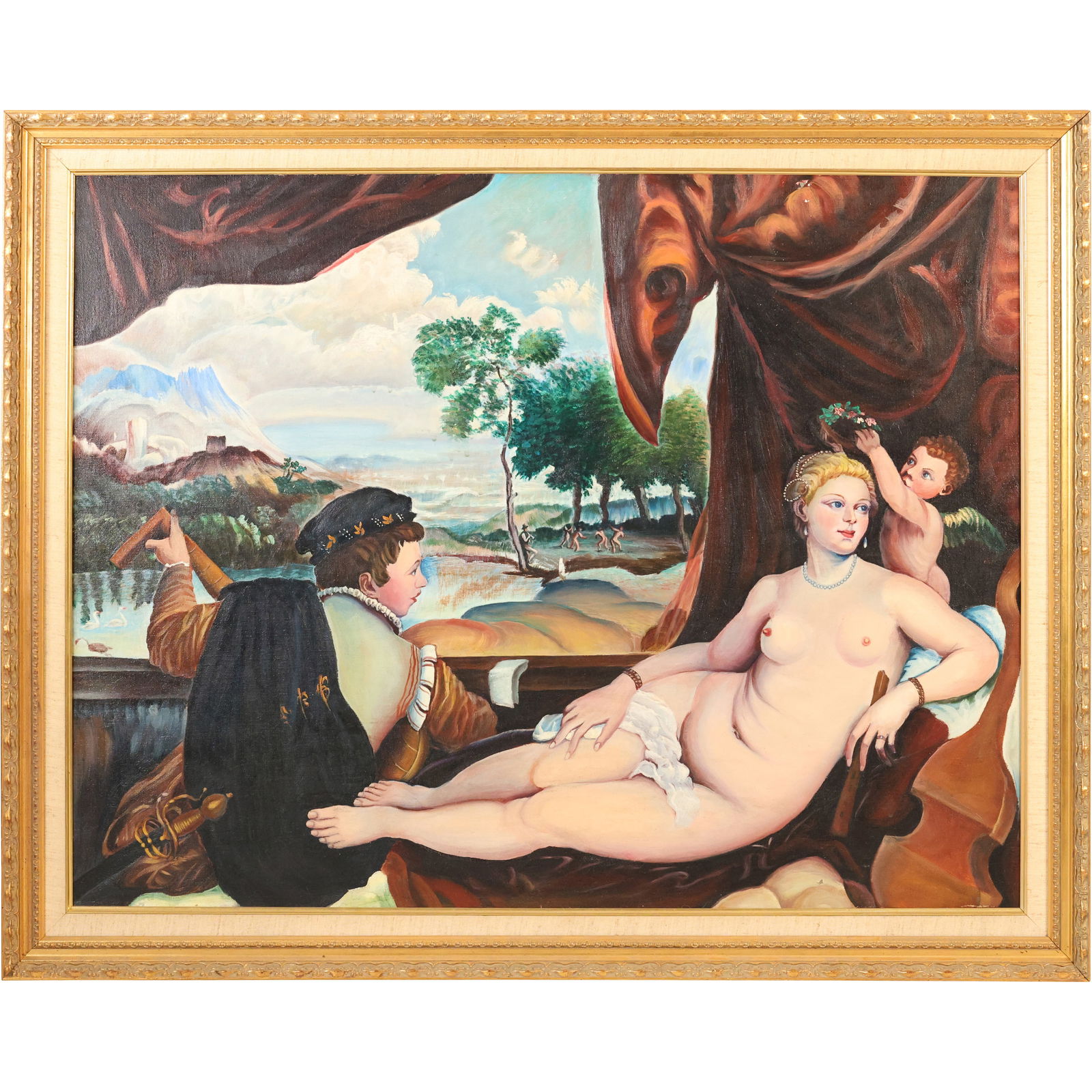 Oil painting titled "The Nude and the Voyeur" af Pierre Georgeot. This work is described as an: Oil painting titled "The Nude and the Voyeur" after Pierre Georgeot. Artist Signed G Gierke. This work is described as an oil on canvas painting. The composition features a reclining nude woman, remin