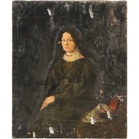 Portrait of Mrs George Holloway 1840, Antique Oil on Canvas Painting, Information Label on Verso