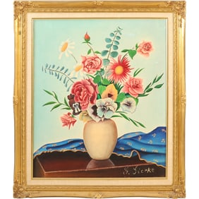G Gierke, Oil on Canvas Painting, Still Life Flowers and Drapery, Signed, Framed