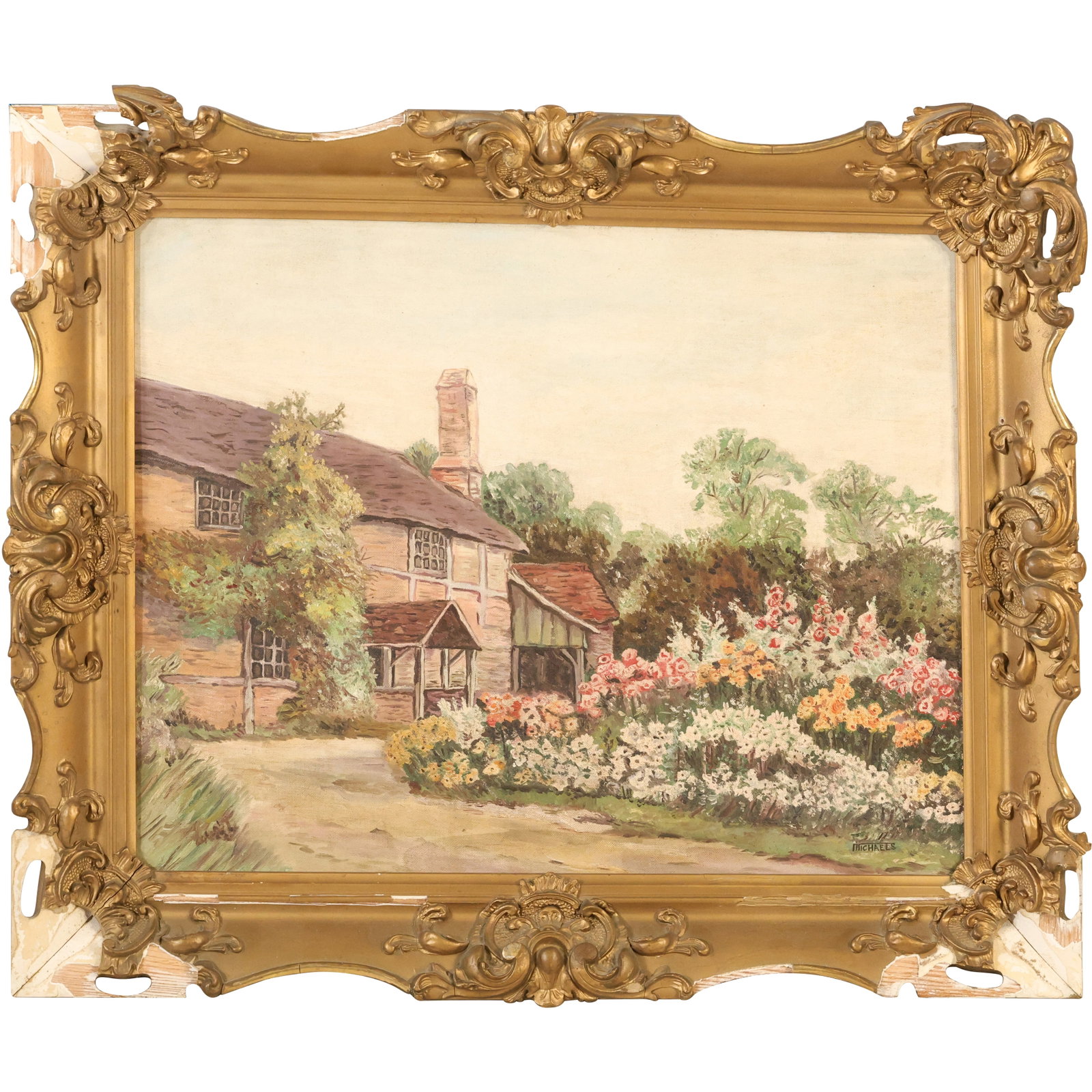 Signed Michaels, Vintage Oil on Board Painting, Flower Garden at Homestead: Signed Michaels, Vintage Oil on Board Painting, Flower Garden at Homestead; size: 16 x 20 outside frame 21 x 25