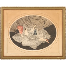 Artist Signed Art Deco Colored Etching Reclining Woman in Boudoir, Original Framing