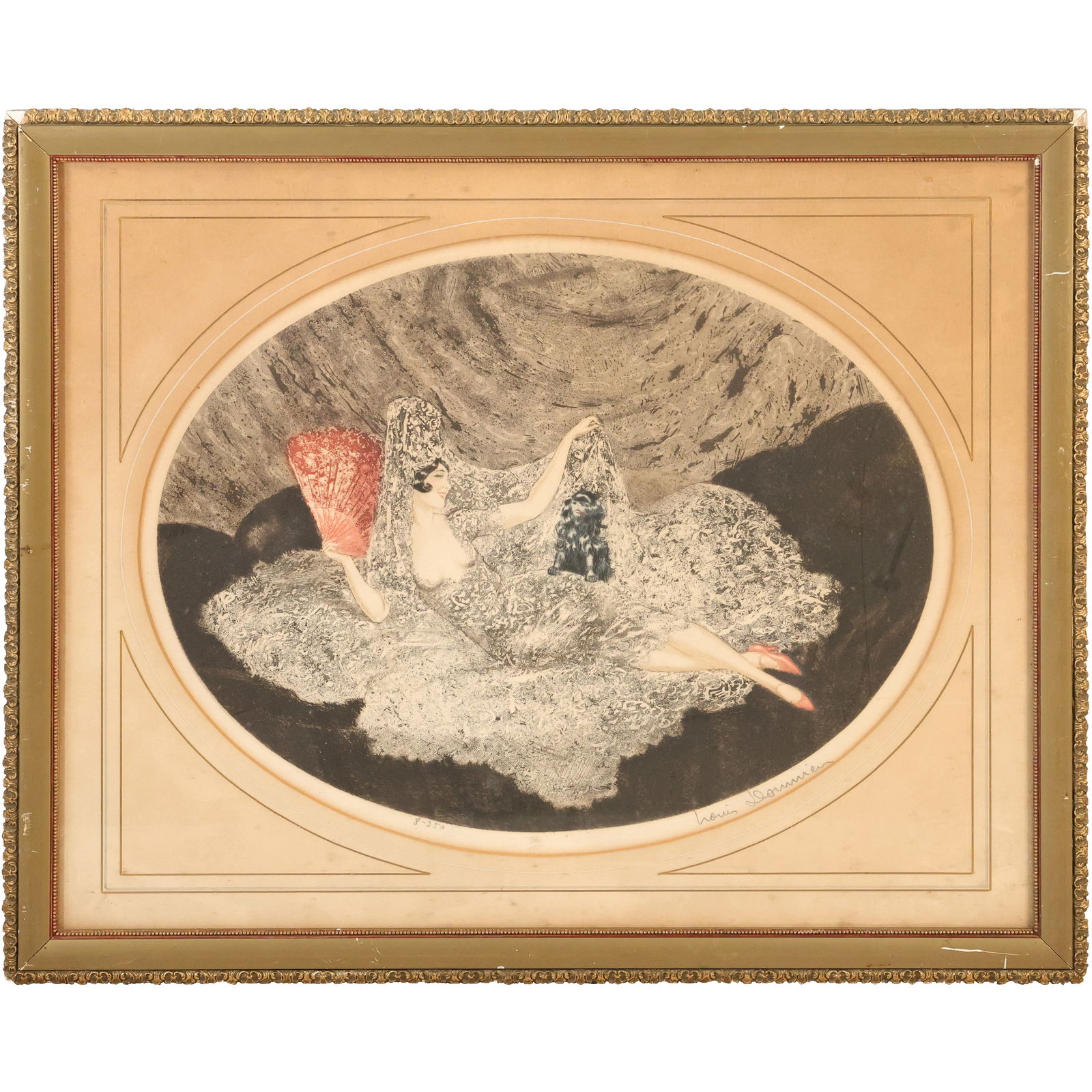 Artist Signed Art Deco Colored Etching Reclining Woman in Boudoir, Original Framing (1 of 15)